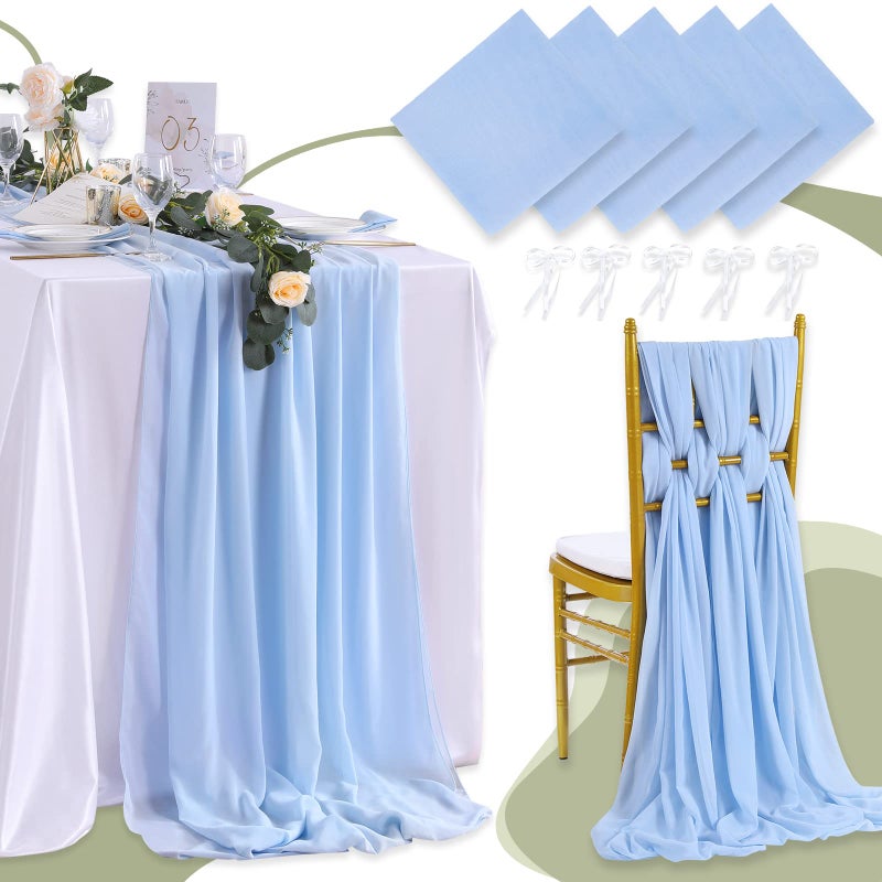 QueenDream 5 Pieces 10Ft Wedding Table Runner Blue Chiffon Table Runners Sheer Wedding Arch Overlay Fabric for Birthday Bridal Party Decorations - Image 1